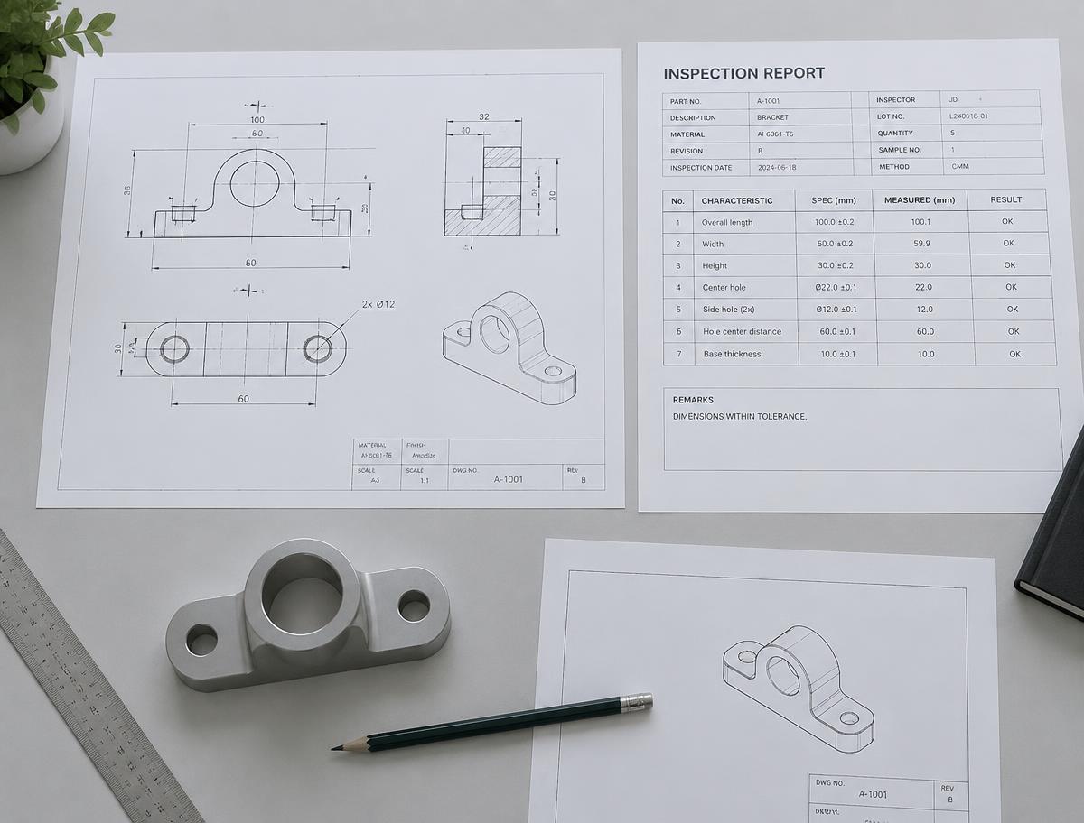 Engineering drawing, inspection report and sample component on an inspection bench