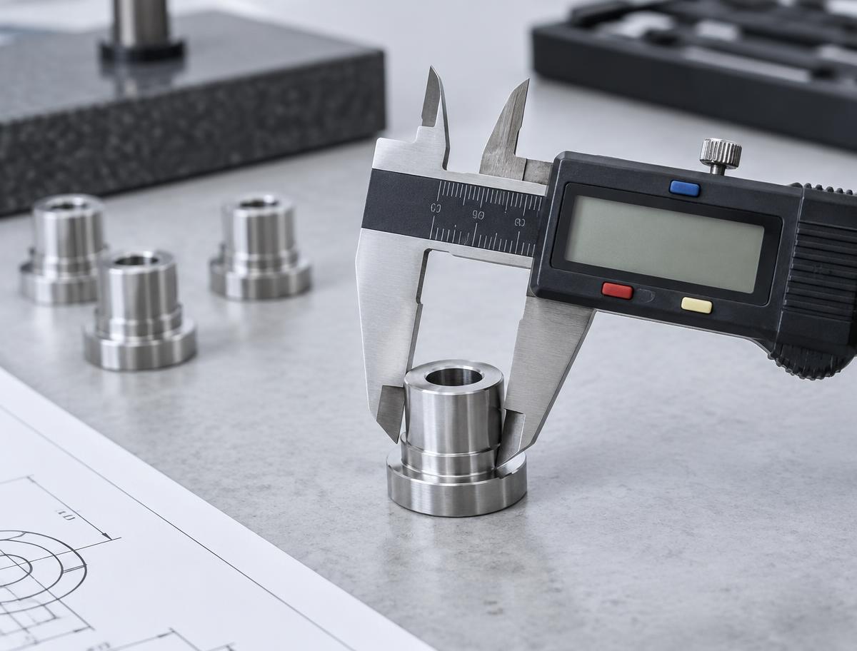 Digital calipers measuring a machined component beside a drawing